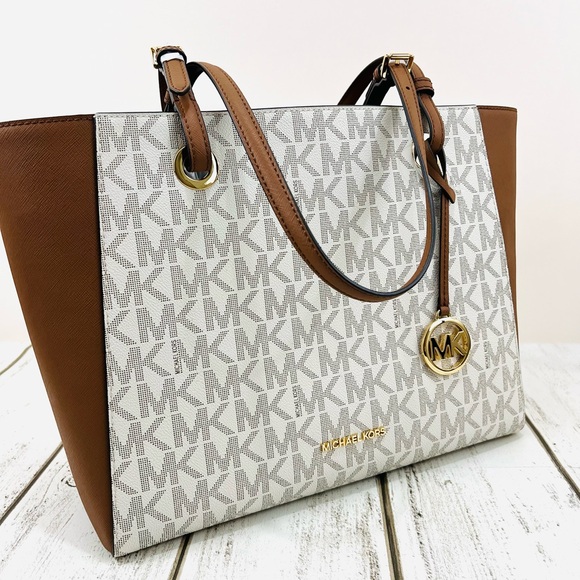 Michael Kors Signature Logo Walsh Medium Tote Vanilla Brown Shoulder Bag - Picture 2 of 12